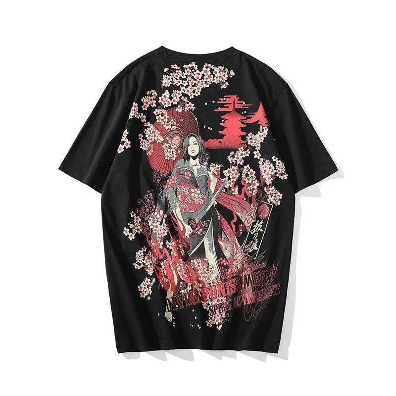Men's Japanese-style Tattoo T-shirt Cherry Blossom Pattern Top