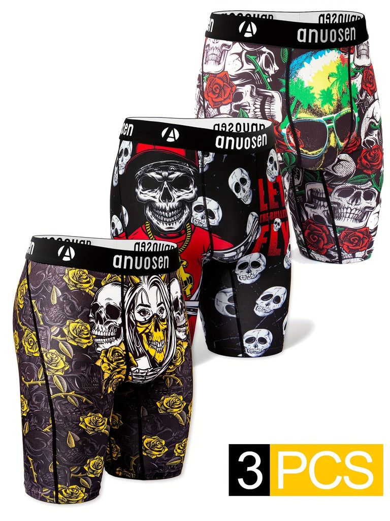 3PCS Sports Underwear, Quick Drying Moisture Wicking Breathable Comfy Boxer Briefs Shorts, Swim Trunks For Beach Pool, Halloween Skull Rose Pattern Print Trendy Underpants Men's printed sports underwear, breathable, extended running shorts