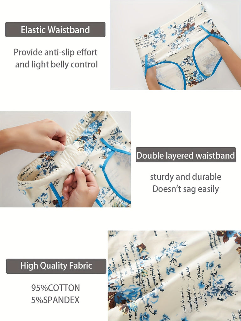4pcs New Fashion Floral Print Comfortable Women'S High Waist Briefs, Comfortable Breathable Stretch Underwear, Women'S Underwear And Lingerie, Comfortable For Daily Wear
