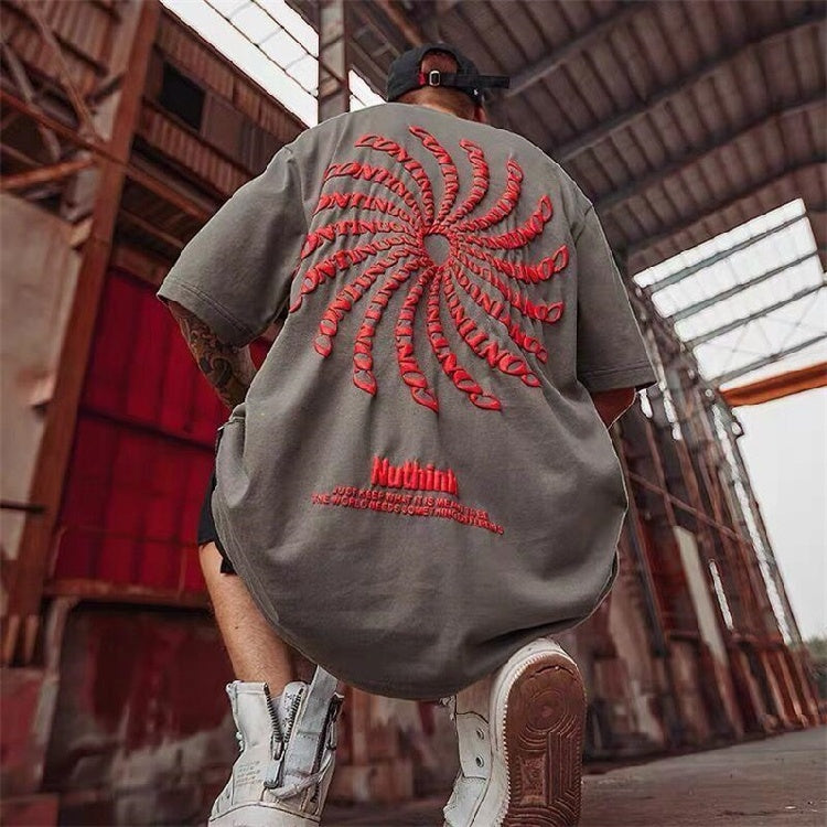 Trendy Round Neck Print Half-sleeve American Street Hip-hop Five-point Sleeve T-shirt