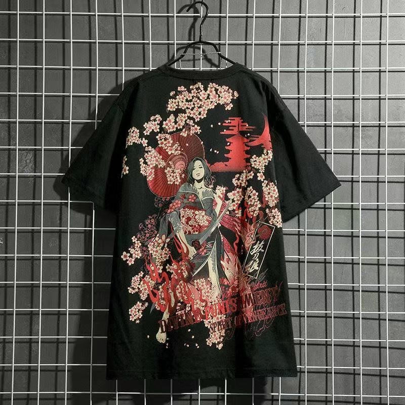 Men's Japanese-style Tattoo T-shirt Cherry Blossom Pattern Top
