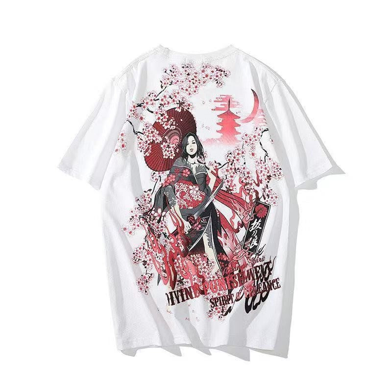 Men's Japanese-style Tattoo T-shirt Cherry Blossom Pattern Top