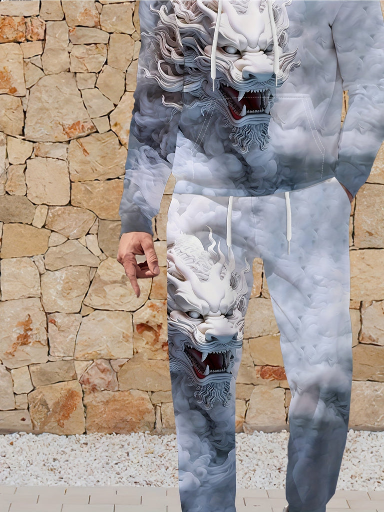 Cartoon Dragon Digital Print, Men's 2pcs Outfits, Casual Long Sleeve Hoodie Sweatshirt And Sweatpants Joggers Set For Winter & Fall, Athletic Tracksuit Set