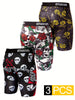 3PCS Sports Underwear, Quick Drying Moisture Wicking Breathable Comfy Boxer Briefs Shorts, Swim Trunks For Beach Pool, Halloween Skull Rose Pattern Print Trendy Underpants Men's printed sports underwear, breathable, extended running shorts