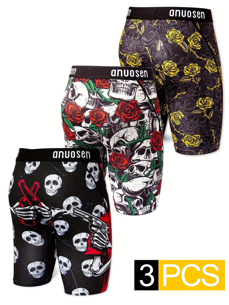 3PCS Sports Underwear, Quick Drying Moisture Wicking Breathable Comfy Boxer Briefs Shorts, Swim Trunks For Beach Pool, Halloween Skull Rose Pattern Print Trendy Underpants Men's printed sports underwear, breathable, extended running shorts