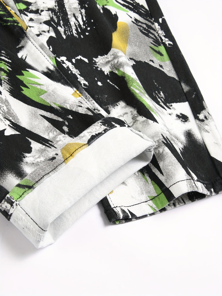 Men's Stylish Floral Print Jeans - Comfortable, Loose-Fit Denim with Pockets, Machine Washable - For Fashionable Men - Suitable for Casual Wear - Great Gift for Birthday or Holiday