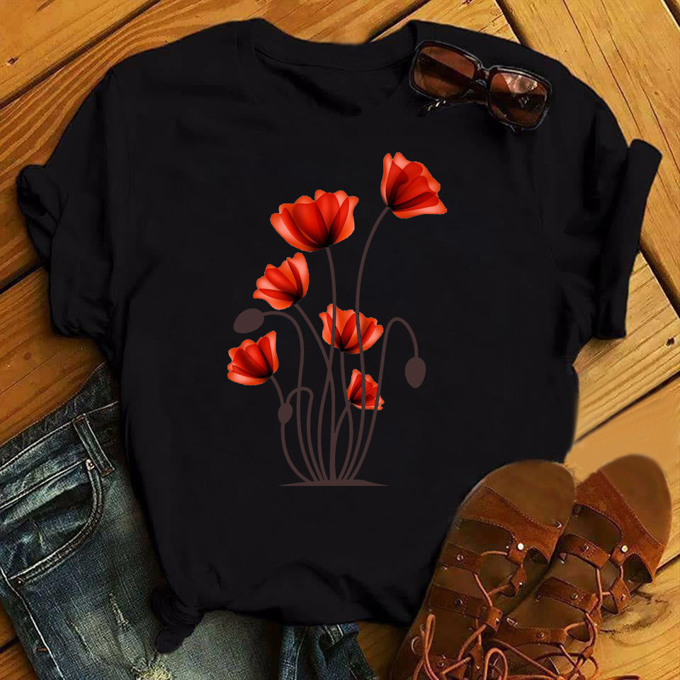 Floral Flower Pattern Printing Loose Summer Casual Ladies T Shirt