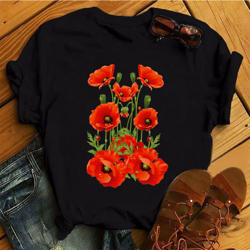 Floral Flower Pattern Printing Loose Summer Casual Ladies T Shirt