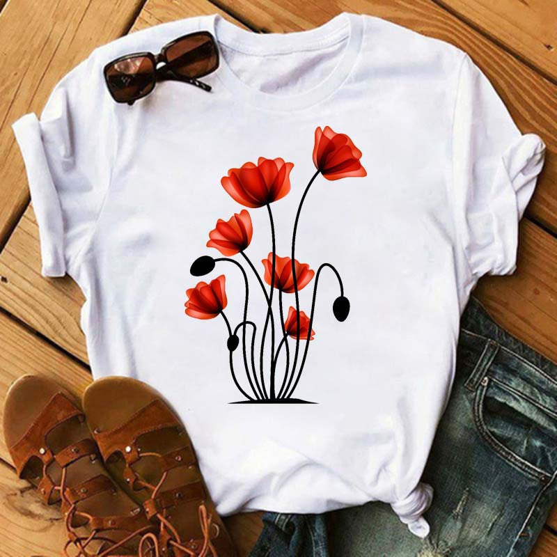 Floral Flower Pattern Printing Loose Summer Casual Ladies T Shirt