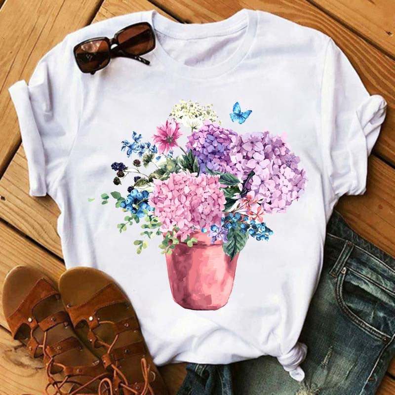 Floral Flower Pattern Printing Loose Summer Casual Ladies T Shirt