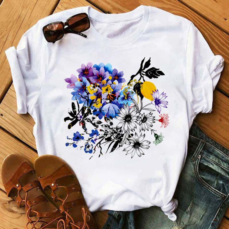 Floral Flower Pattern Printing Loose Summer Casual Ladies T Shirt
