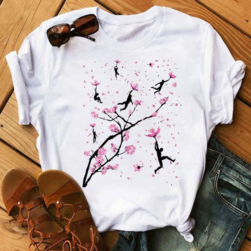 Floral Flower Pattern Printing Loose Summer Casual Ladies T Shirt