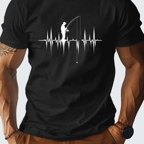 1 pc, 100% cotton T-shirt, Silhouette Fishing Design Comfort version of cotton men's T-shirt