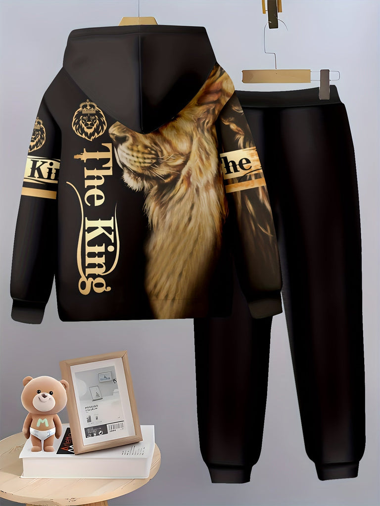 Boys' 3D Lion Print Hoodie & Joggers Set - Casual, Comfy Polyester Outfit for Spring/Fall, New Style, Sports, Perfect for Outdoor