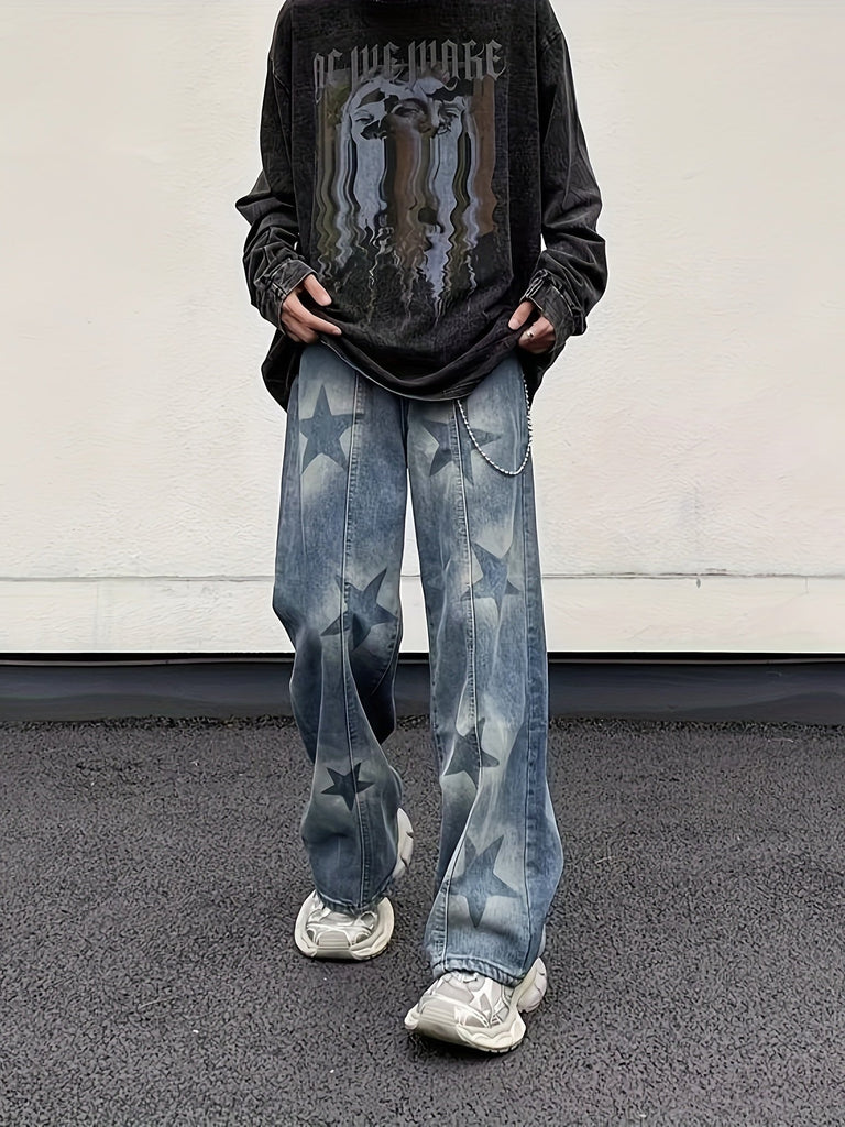 Retro Star Jeans Men's Handsome Casual Straight Pants Loose Wide-leg Mopping Trousers (button Holes Not Opened At Waist)