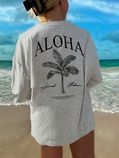 Women's Summer Palm Tree Print Wide Collar Pendant Short Sleeve