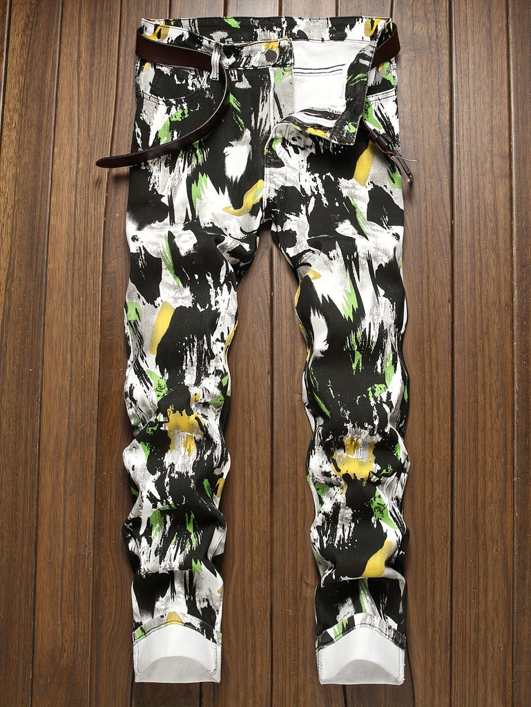Men's Stylish Floral Print Jeans - Comfortable, Loose-Fit Denim with Pockets, Machine Washable - For Fashionable Men - Suitable for Casual Wear - Great Gift for Birthday or Holiday