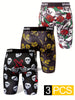 3PCS Sports Underwear, Quick Drying Moisture Wicking Breathable Comfy Boxer Briefs Shorts, Swim Trunks For Beach Pool, Halloween Skull Rose Pattern Print Trendy Underpants Men's printed sports underwear, breathable, extended running shorts