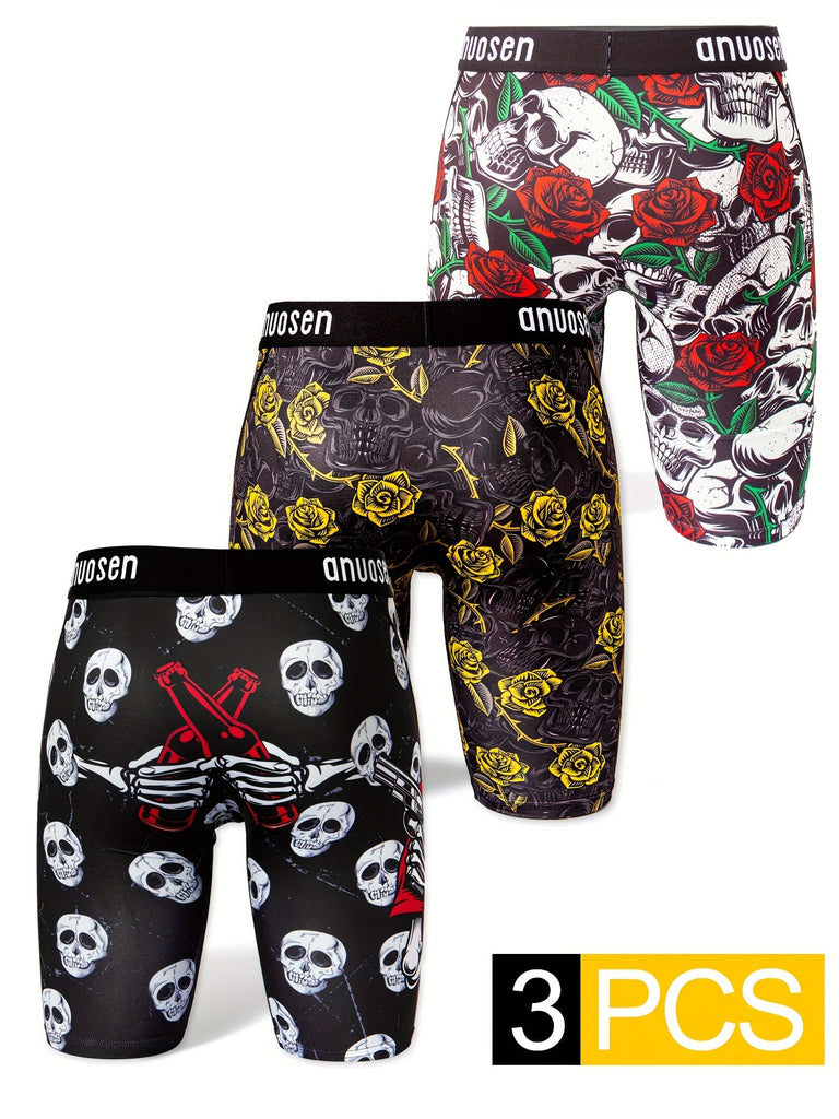 3PCS Sports Underwear, Quick Drying Moisture Wicking Breathable Comfy Boxer Briefs Shorts, Swim Trunks For Beach Pool, Halloween Skull Rose Pattern Print Trendy Underpants Men's printed sports underwear, breathable, extended running shorts