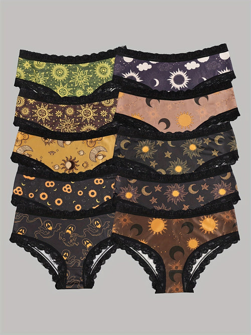 Dircho Women's 10-Pack Hipster Panties - Contrast Lace Polyester Blend, Sexy Knit Fabric Underwear with Random Print featuring Galaxy, Suns, Moons, Stars, Skulls, Ghosts, and Eyeballs - Medium Support Drop Waist Lingerie