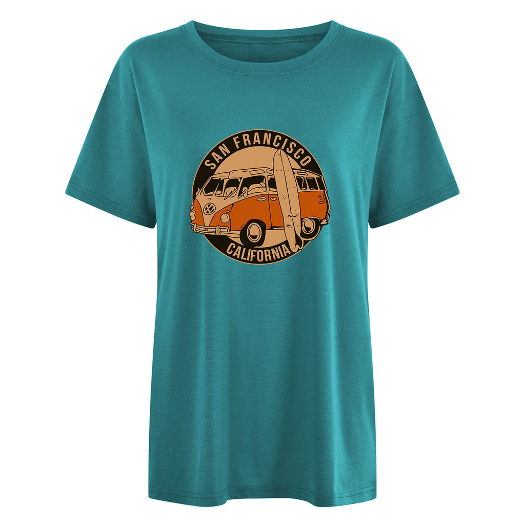 Women's Car Print Drop Shoulder Short Sleeve T-Shirt