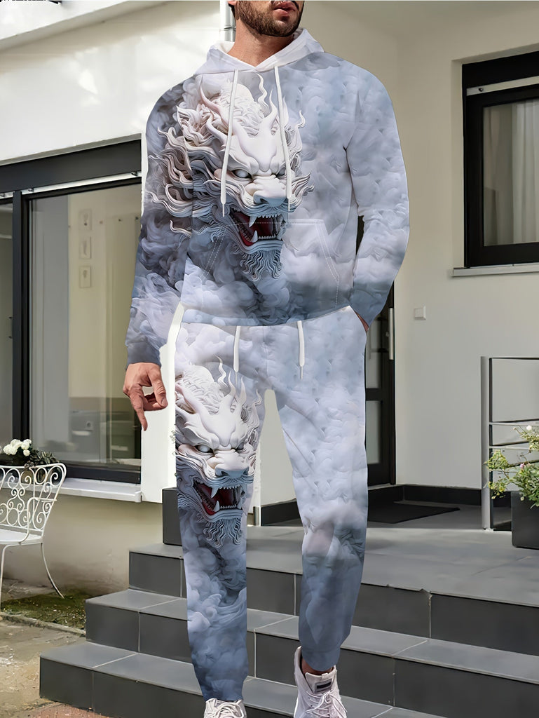 Cartoon Dragon Digital Print, Men's 2pcs Outfits, Casual Long Sleeve Hoodie Sweatshirt And Sweatpants Joggers Set For Winter & Fall, Athletic Tracksuit Set