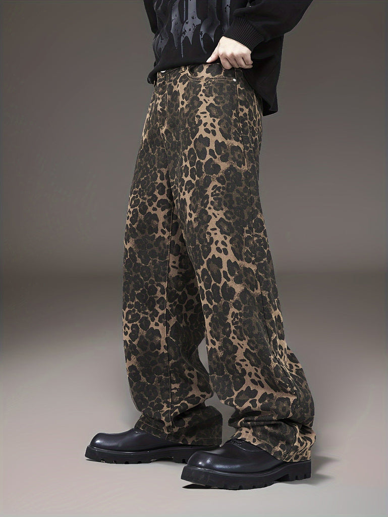 YASUYUAN Men's Leopard Print Denim Jeans - Casual, Loose-Fit Wide Leg Pants with Slant Pockets, Machine Washable