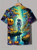 Men's Astronaut and Pumpkin Pattern Printed T-shirt - Lightweight Short sleeved Round Neck, Perfect for Outdoor Adventure and Daily Style