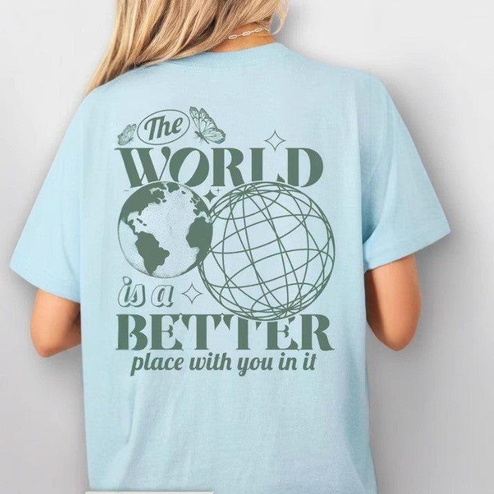 Letter 2D Printed Starry Sky Earth Cotton T-shirt Loose Short Sleeve Top