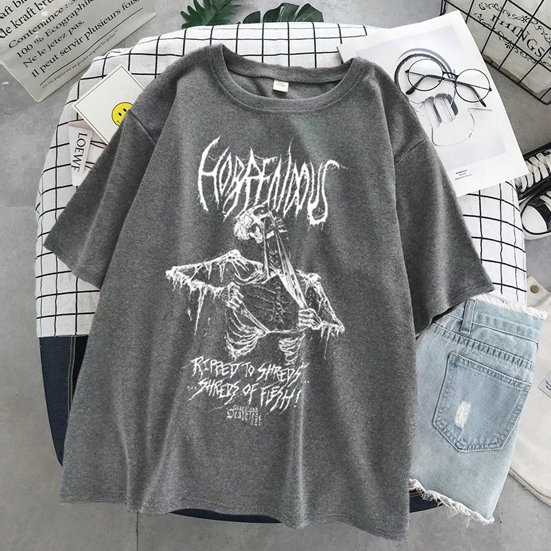 Skull Print Round Neck Loose Short Sleeves T-shirt