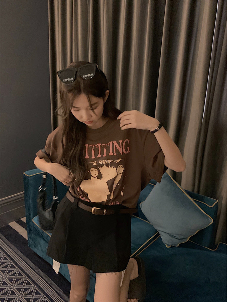 American Retro Black Front Shoulder Short Sleeve T Shirt