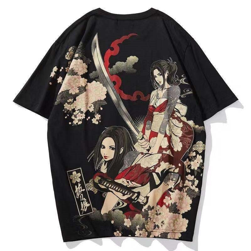 Men's Japanese-style Tattoo T-shirt Cherry Blossom Pattern Top