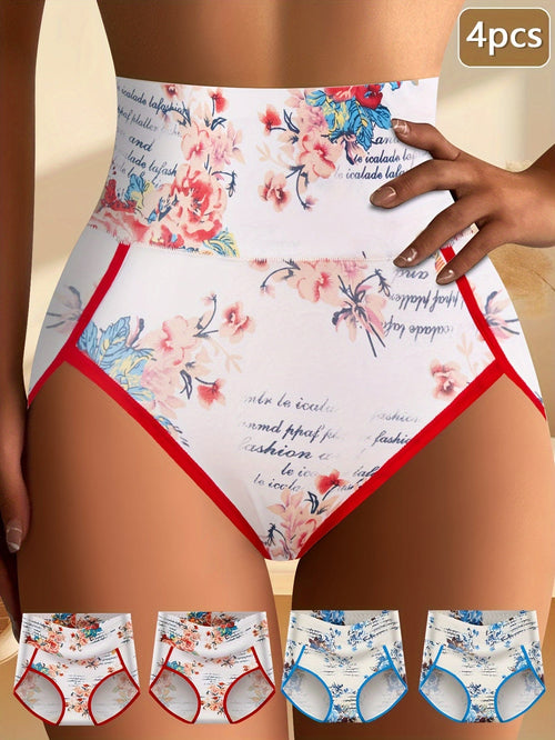 4pcs New Fashion Floral Print Comfortable Women'S High Waist Briefs, Comfortable Breathable Stretch Underwear, Women'S Underwear And Lingerie, Comfortable For Daily Wear