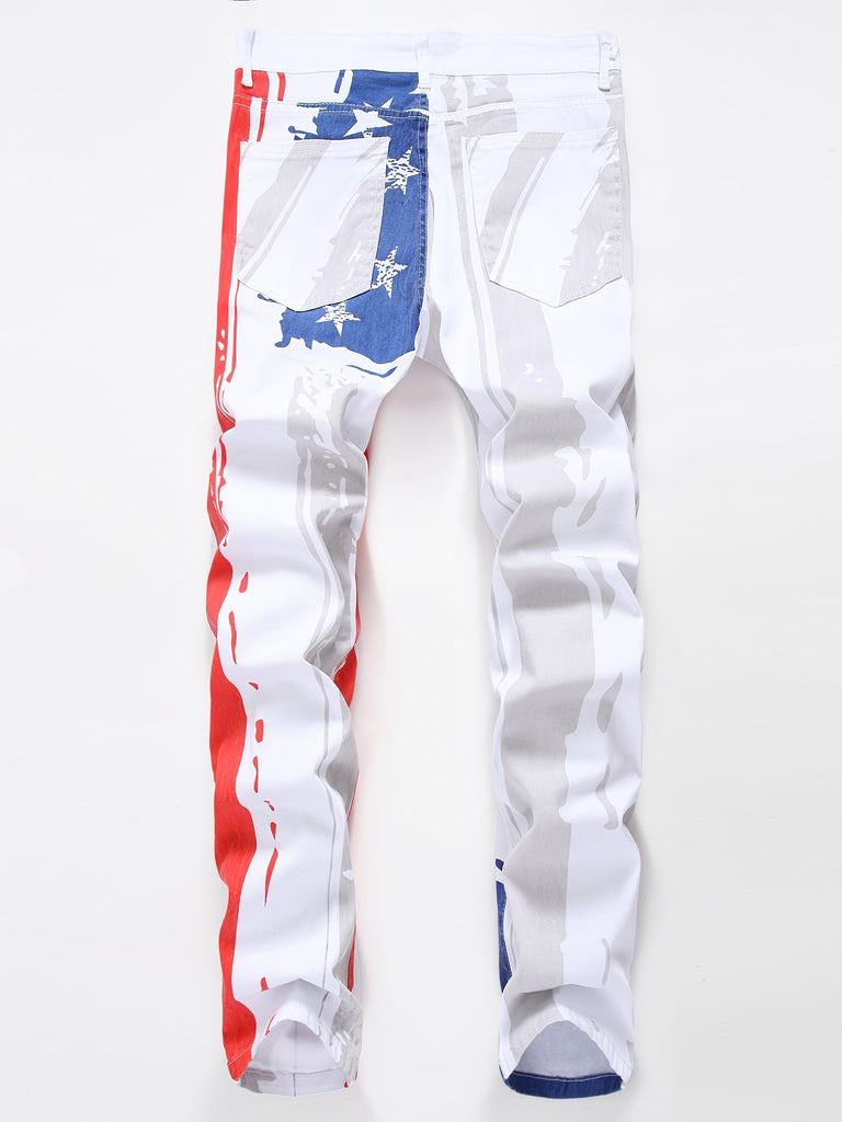 1pc Men'S American Flag Print Skinny Faux Denim, Cotton Blend, Medium Stretch, All-Season Street Style, Zipper Fly, Woven Faux Denim Pants for Teens
