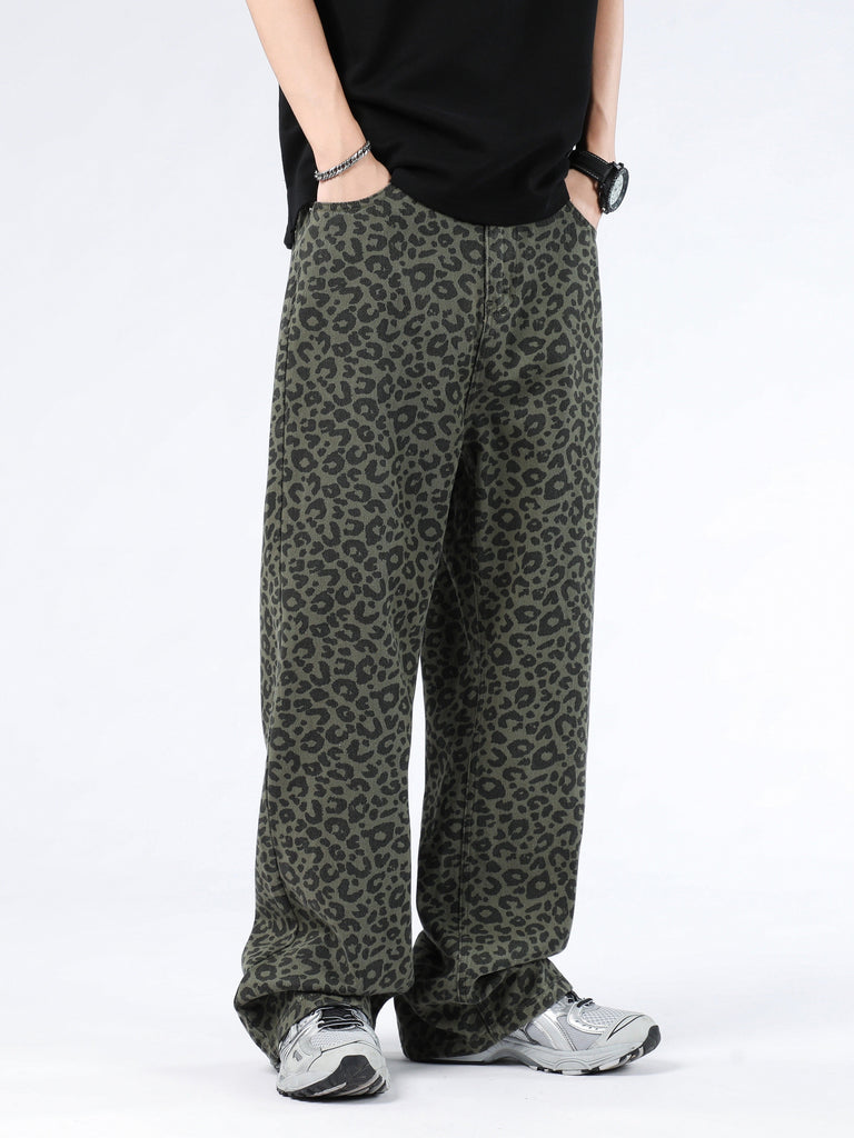 1 Pair, Fashionable Retro Leopard Print Jeans, Street Style Hip-hop Skateboarding Cycling Rap Jeans - Pure Cotton Jeans