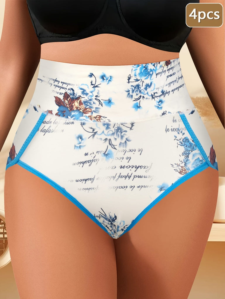 4pcs New Fashion Floral Print Comfortable Women'S High Waist Briefs, Comfortable Breathable Stretch Underwear, Women'S Underwear And Lingerie, Comfortable For Daily Wear