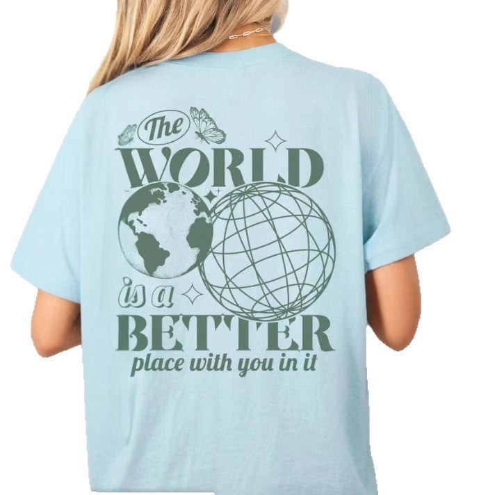 Letter 2D Printed Starry Sky Earth Cotton T-shirt Loose Short Sleeve Top