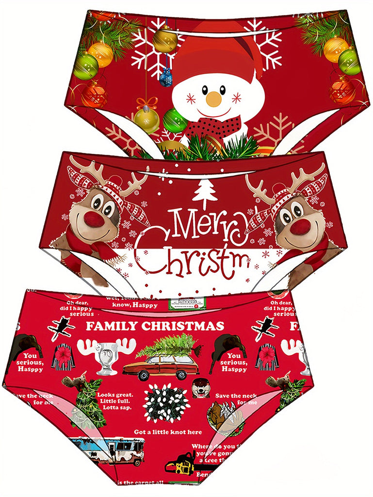 Women's 3-Pack Seamless Soft Breathable Ice Silk Lingerie with Spandex, Christmas Cartoon Print, Comfortable and Quick-Drying, Graphite Fiber Underwear