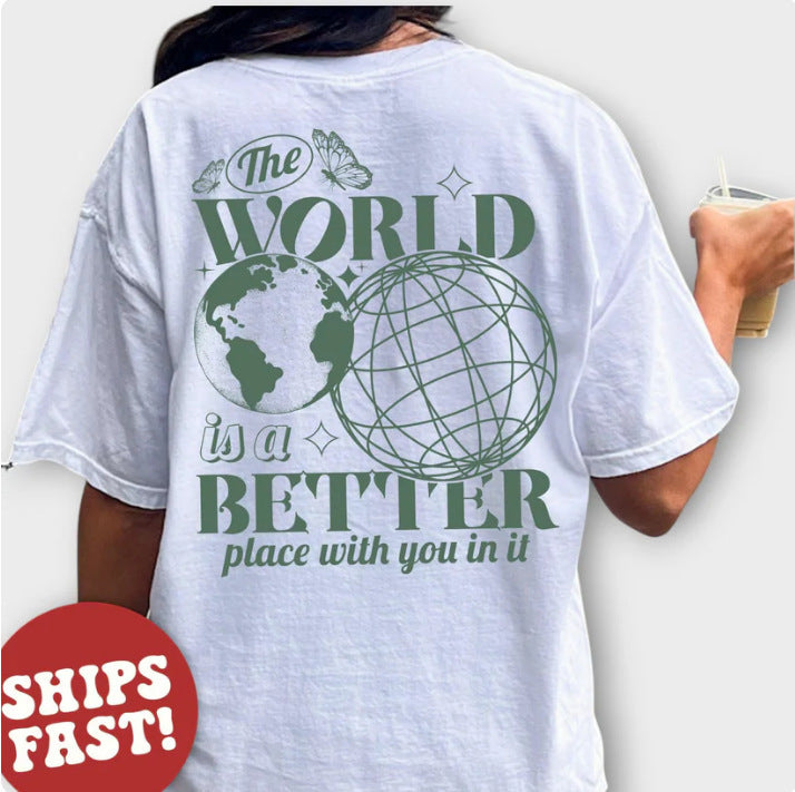 Letter 2D Printed Starry Sky Earth Cotton T-shirt Loose Short Sleeve Top