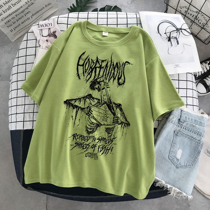 Skull Print Round Neck Loose Short Sleeves T-shirt