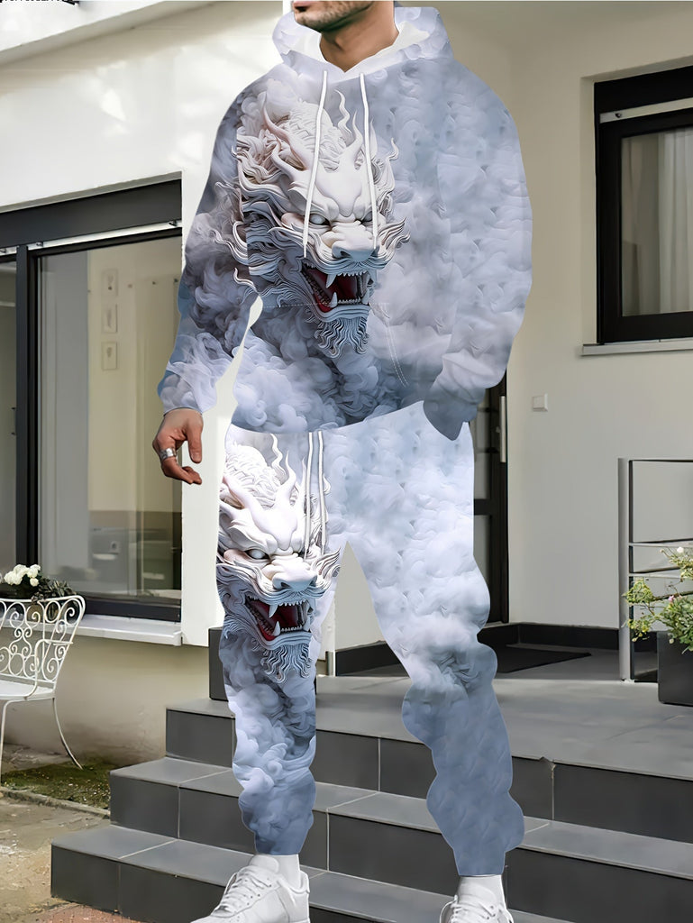 Cartoon Dragon Digital Print, Men's 2pcs Outfits, Casual Long Sleeve Hoodie Sweatshirt And Sweatpants Joggers Set For Winter & Fall, Athletic Tracksuit Set