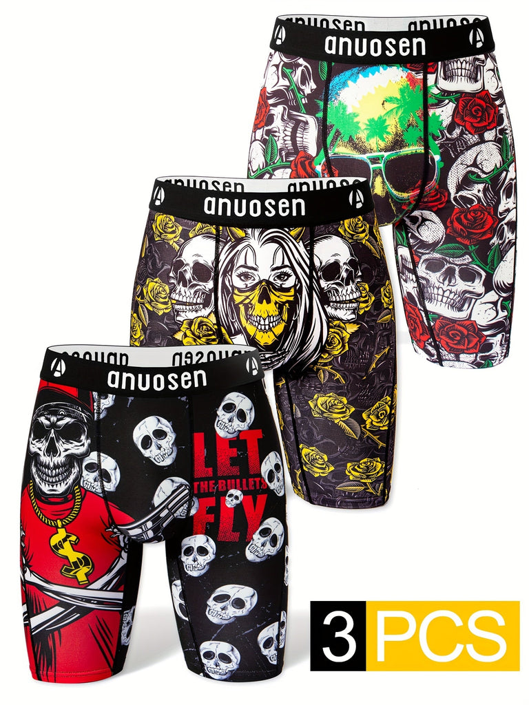 3PCS Sports Underwear, Quick Drying Moisture Wicking Breathable Comfy Boxer Briefs Shorts, Swim Trunks For Beach Pool, Halloween Skull Rose Pattern Print Trendy Underpants Men's printed sports underwear, breathable, extended running shorts