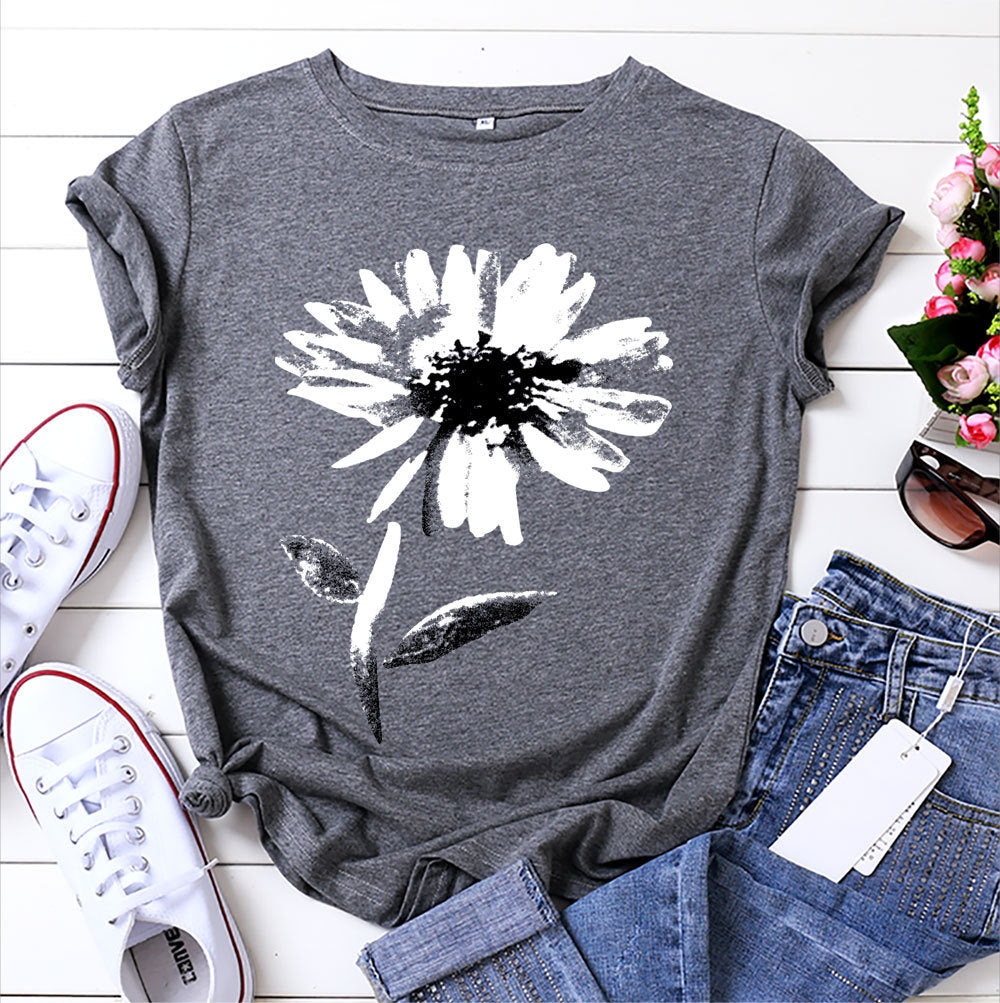 Women's Floral Printed Cotton Short-sleeved T-shirt Top