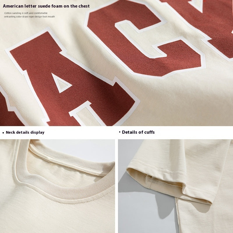 Men's And Women's Retro American Cotton Suede Puff Print T-shirt