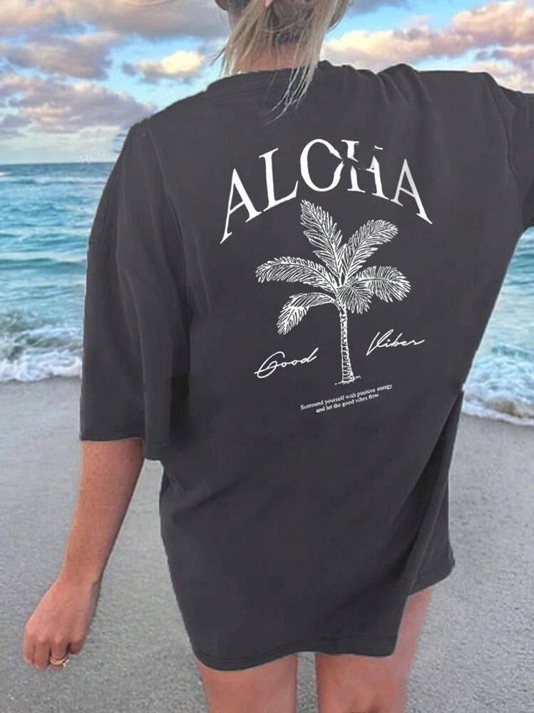 Women's Summer Palm Tree Print Wide Collar Pendant Short Sleeve