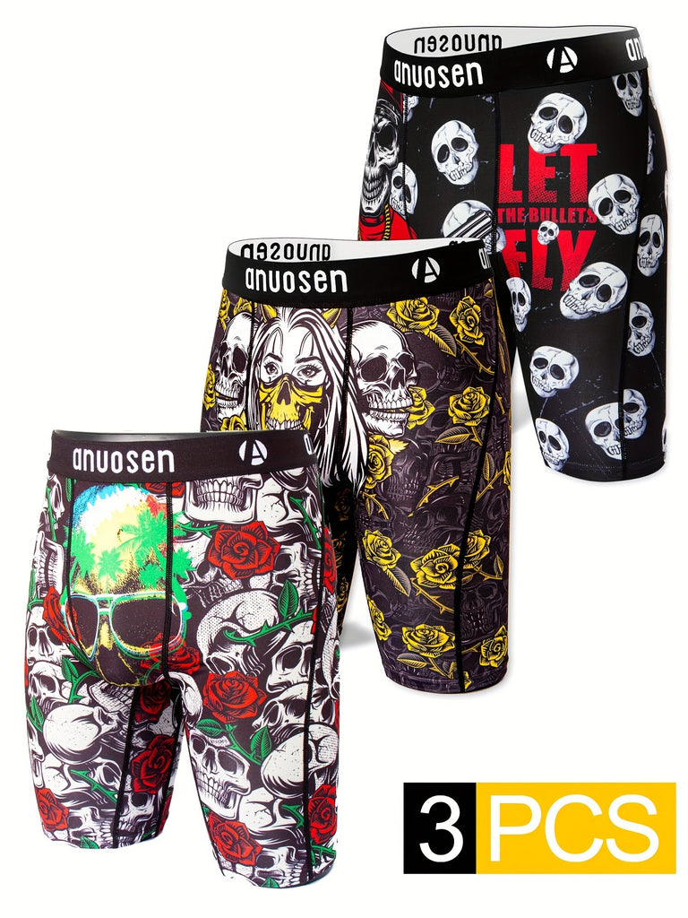 3PCS Sports Underwear, Quick Drying Moisture Wicking Breathable Comfy Boxer Briefs Shorts, Swim Trunks For Beach Pool, Halloween Skull Rose Pattern Print Trendy Underpants Men's printed sports underwear, breathable, extended running shorts