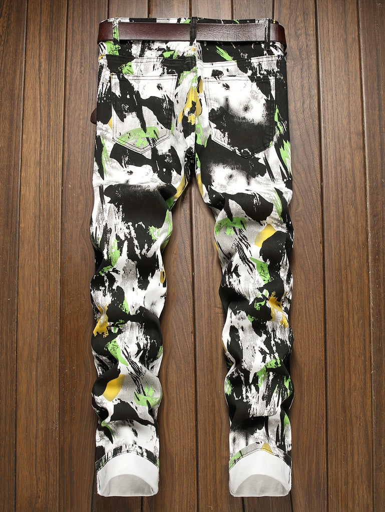 Men's Stylish Floral Print Jeans - Comfortable, Loose-Fit Denim with Pockets, Machine Washable - For Fashionable Men - Suitable for Casual Wear - Great Gift for Birthday or Holiday