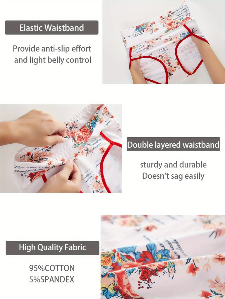 4pcs New Fashion Floral Print Comfortable Women'S High Waist Briefs, Comfortable Breathable Stretch Underwear, Women'S Underwear And Lingerie, Comfortable For Daily Wear
