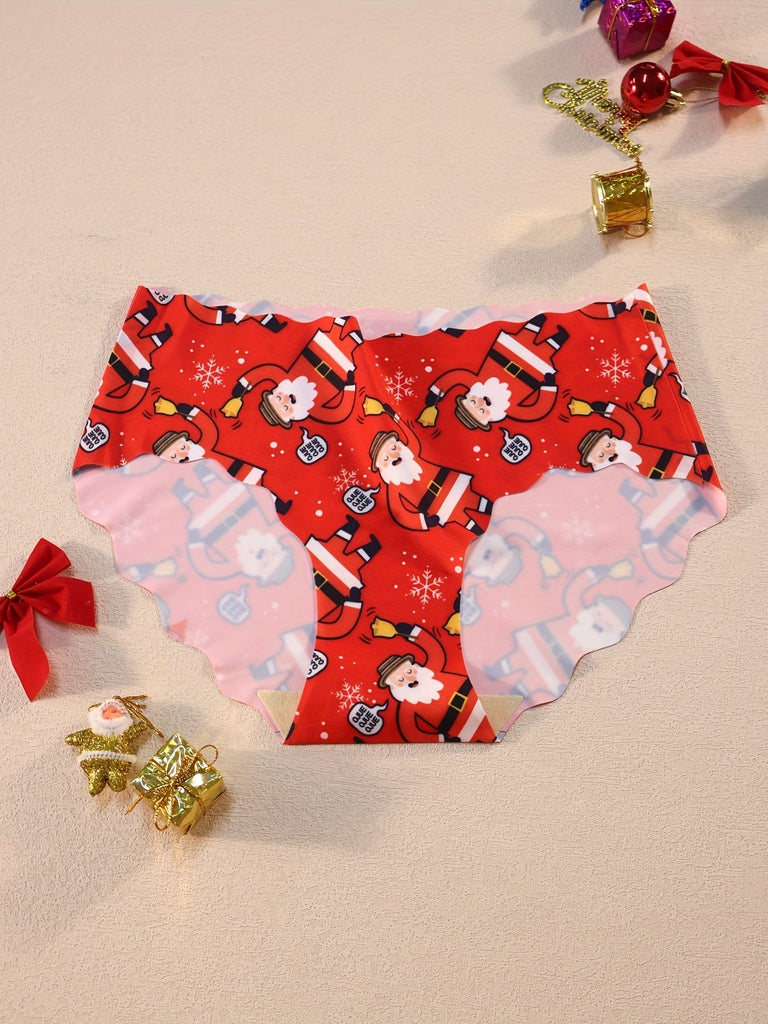 Christmas Themed Bikini Panties for Women - 12-Pack Polyamide Fabric, Stretchy Elastane Blend, Sexy Mid-Rise Brief Style, Festive Prints with Knit Fabric - Comfortable, Seamless, Quick-Dry, Ideal for Workout, Yoga & Dance