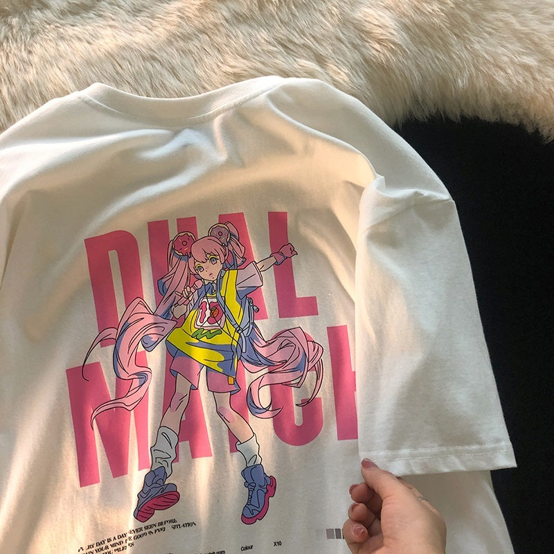 White Large Cartoon T-shirt Women's Cotton Short Sleeve
